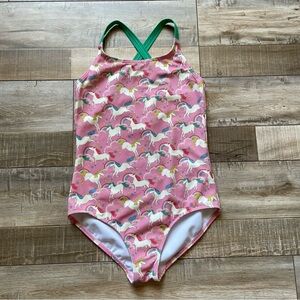 Mini Boden girl’s cross back unicorn print swimsuit, size 9-10